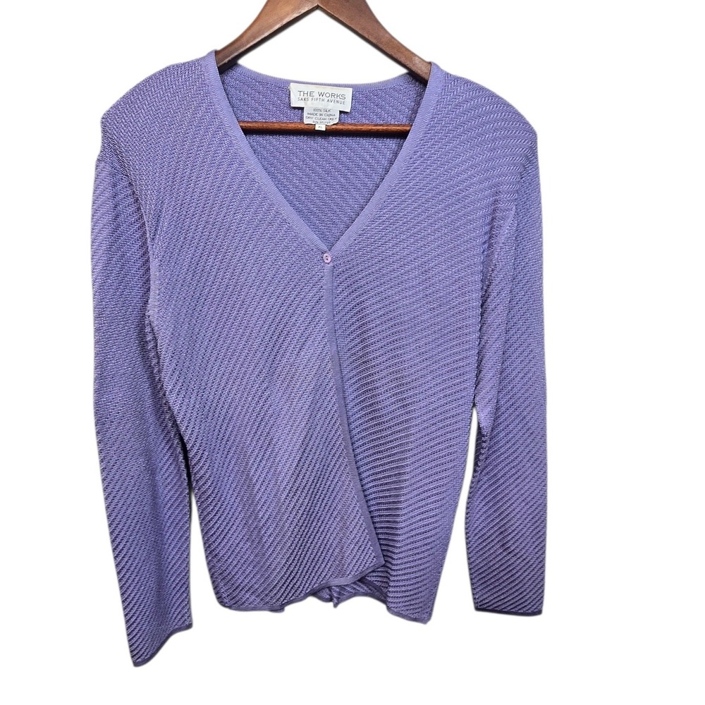 The‎ Works Saks Fifth Avenue Cardigan Womens XL Purple 100% Silk V-Neck Textured